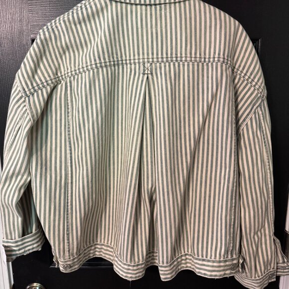 NWT We the Free Oversized Striped Denim Jacket Green White Cream Medium - Picture 5 of 5